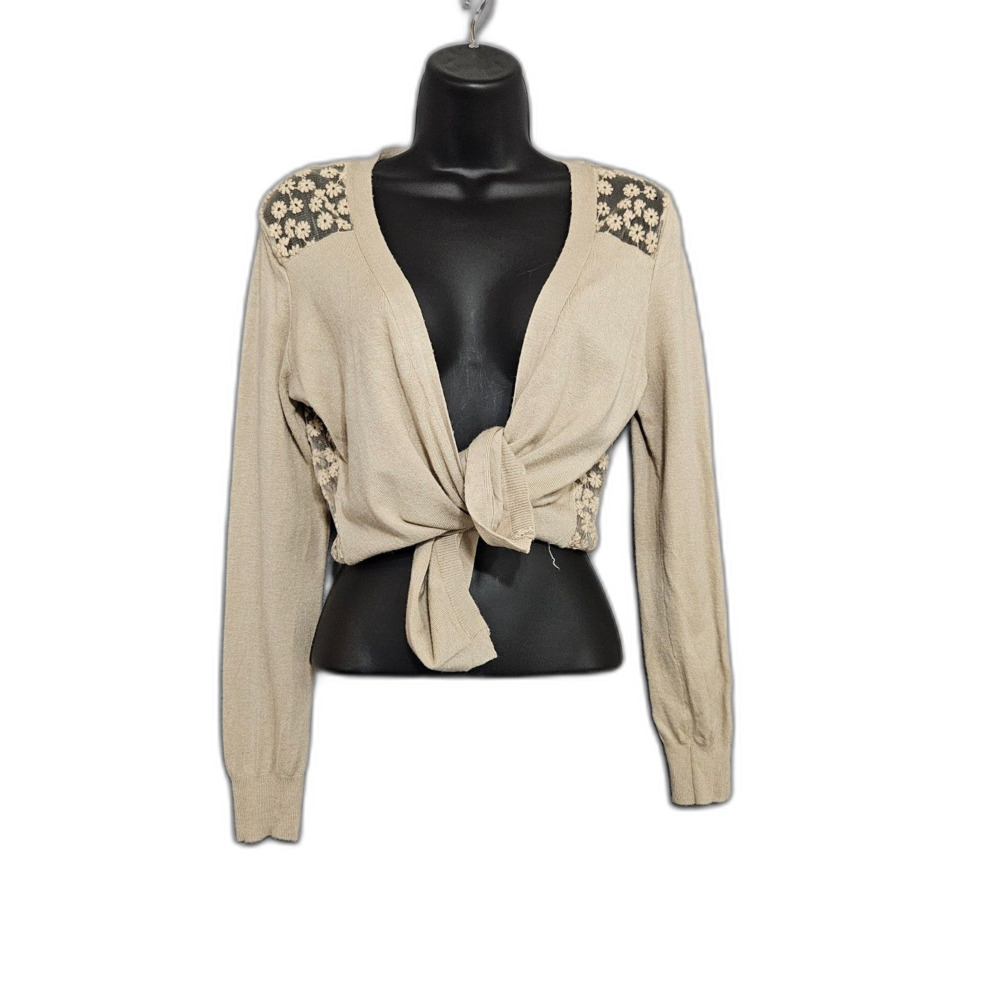Iris Embroidered open front cardigan Neutral Tan Tie Front Soft Girl Sz Medium